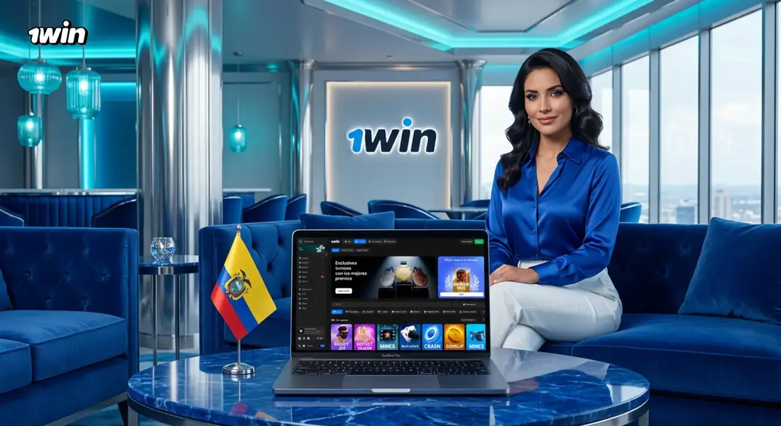 Mujer en un salón VIP azul con el logo de 1win y una laptop con el casino abierto, junto a la bandera de Ecuador