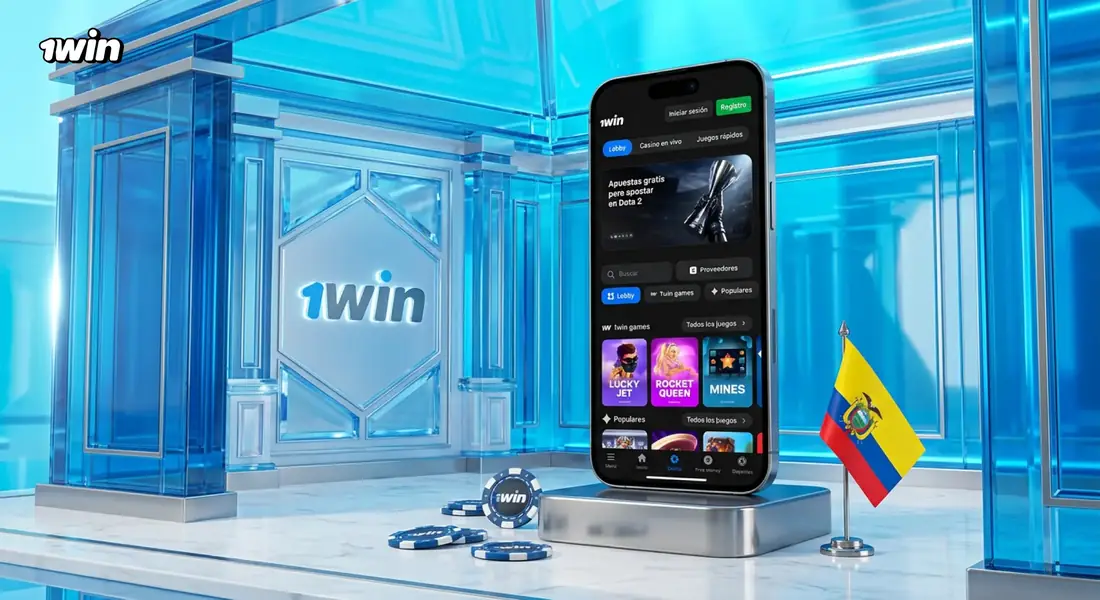 Celular con la app de 1win sobre un soporte en un estudio azul con fichas de casino y la bandera de Ecuador