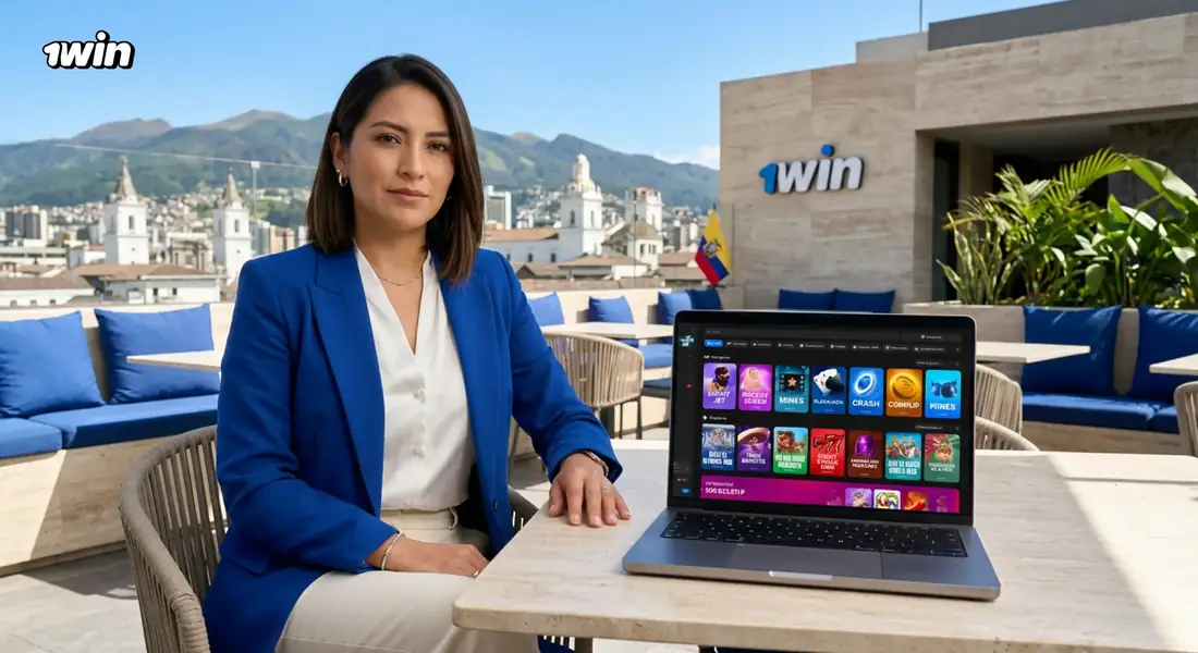 Mujer en una terraza con vista al centro histórico de una ciudad andina de Ecuador, con el lobby de 1win abierto en su laptop